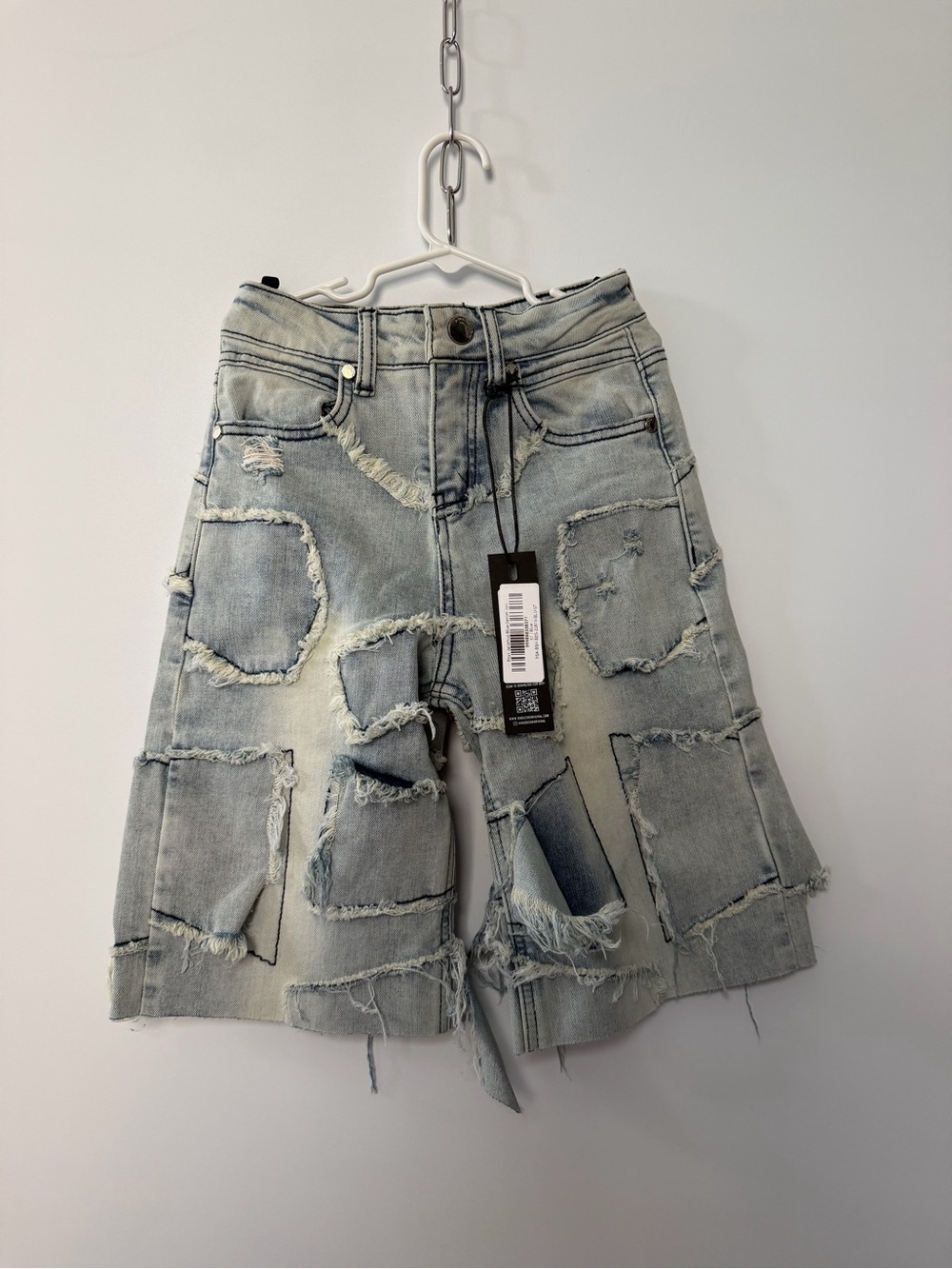 Distressed Patchwork Light Wash Denim Jorts